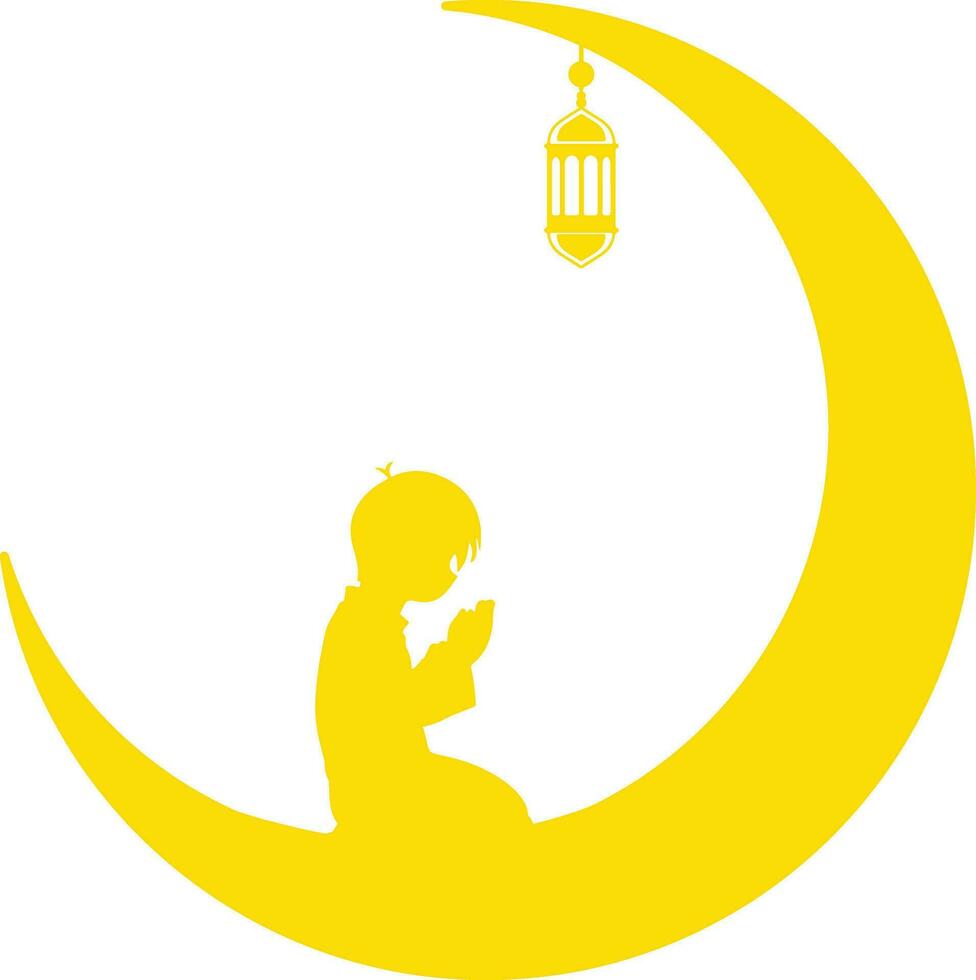 Muslim Kid Pray Inside Moon with Lantern Silhouette Illustration vector