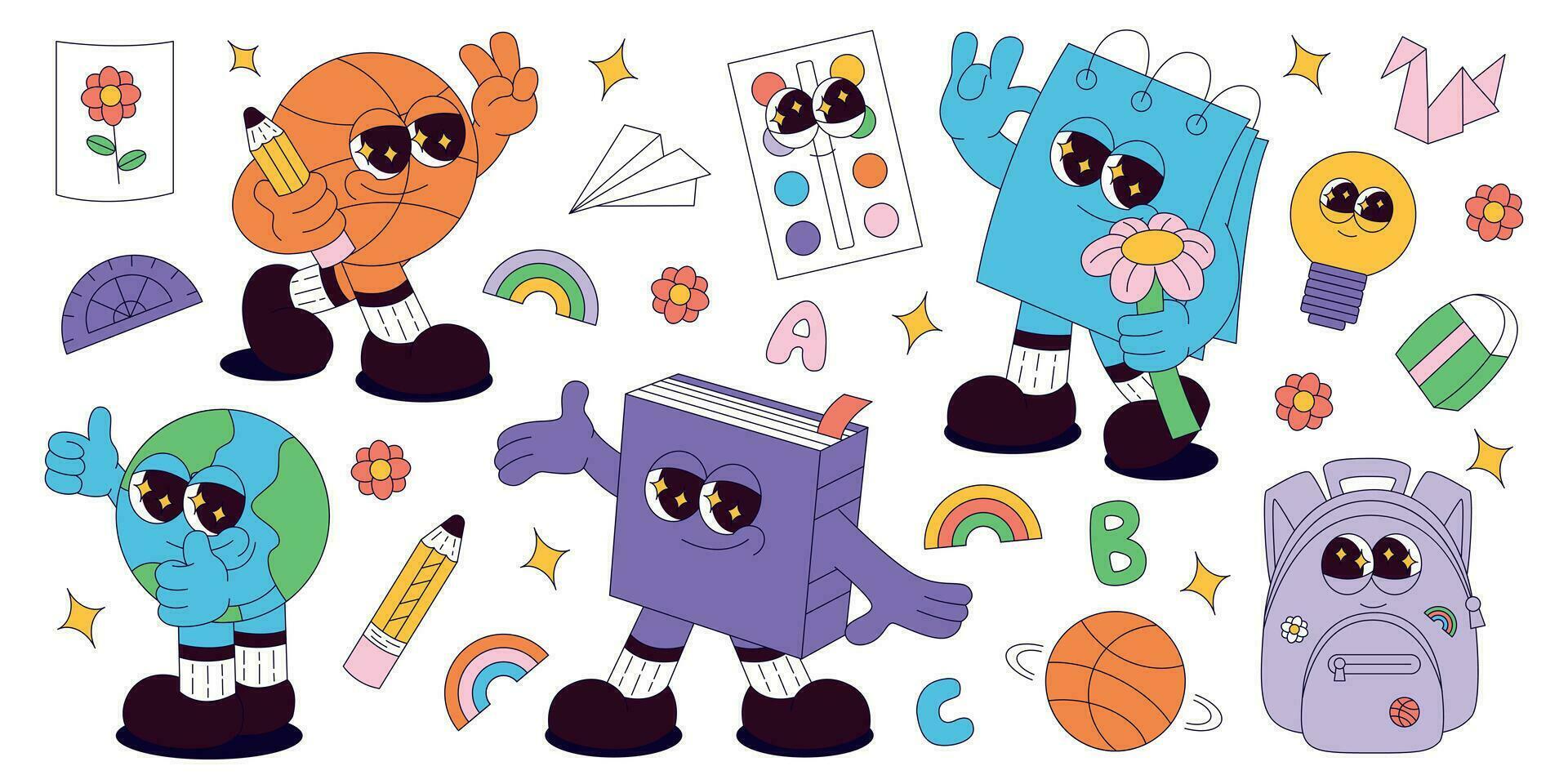 Set of funky retro groovy characters basketball ball, note, book, earth planet, backpack, stickers. Back to school. Children's stationery subjects. Funny study school supplies. Nostalgia 60s, 70s, 80s vector