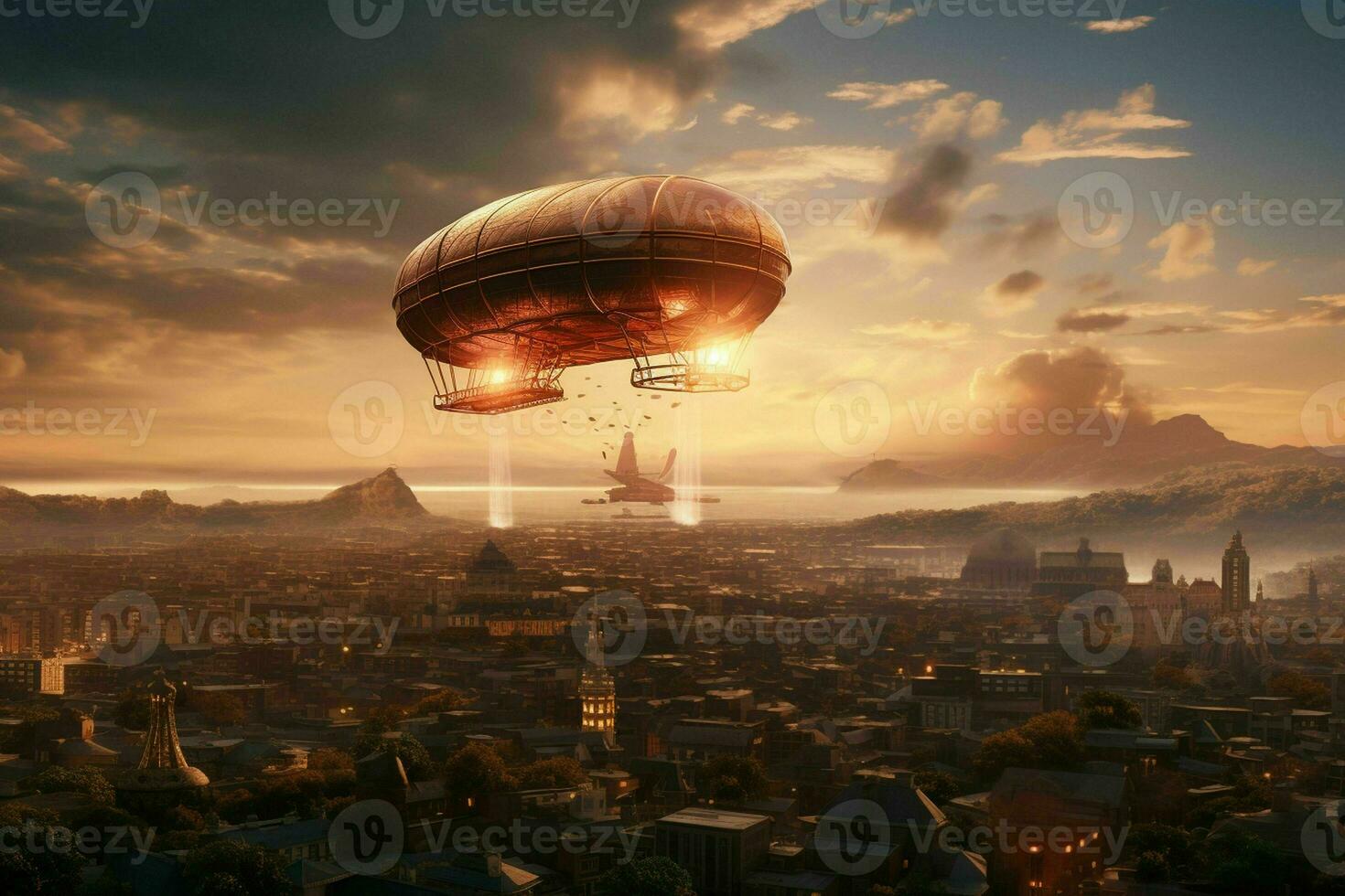 AI generated A majestic airship floats above a city its form photo