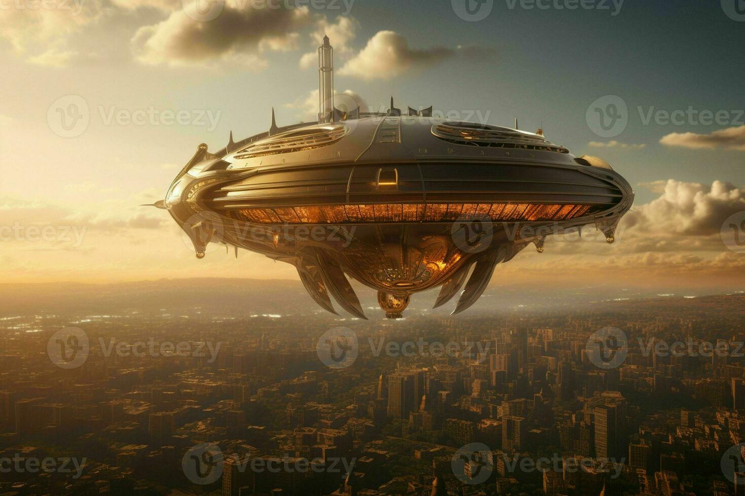 AI generated A majestic airship floats above a city its form photo