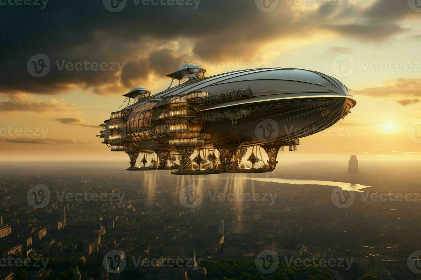 AI generated A majestic airship floats above a city its form photo