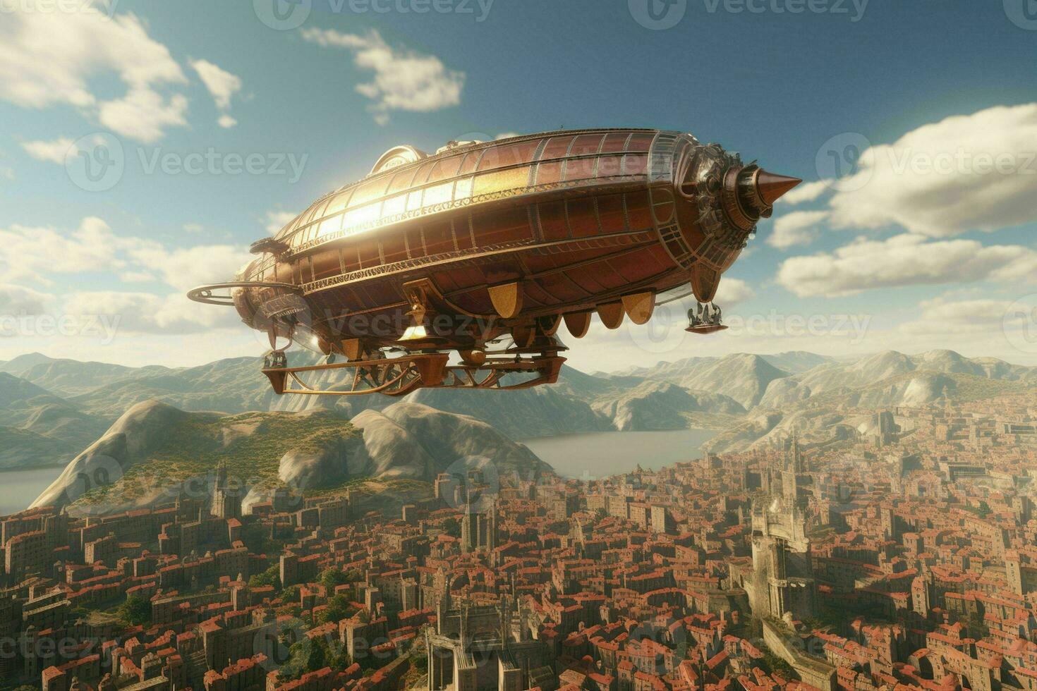 AI generated A majestic airship floats above a city its form photo