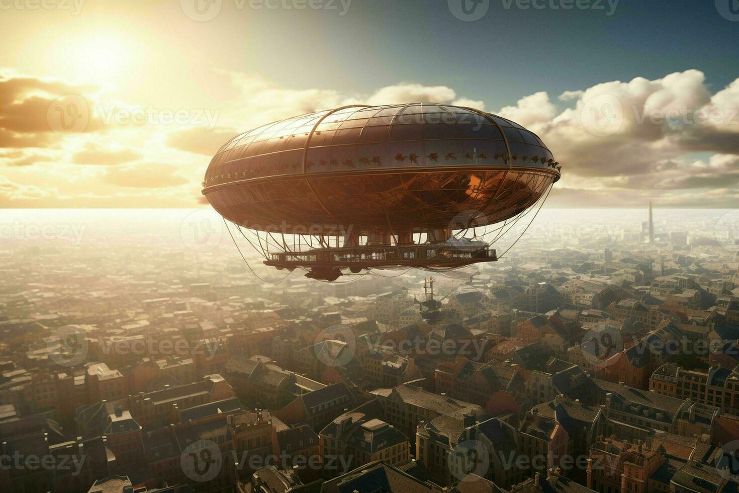 AI generated A majestic airship floats above a city its form photo