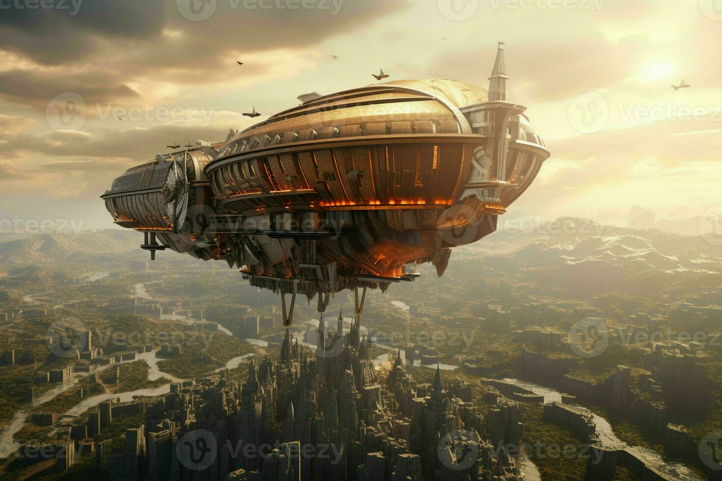 AI generated A majestic airship floats above a city its form photo