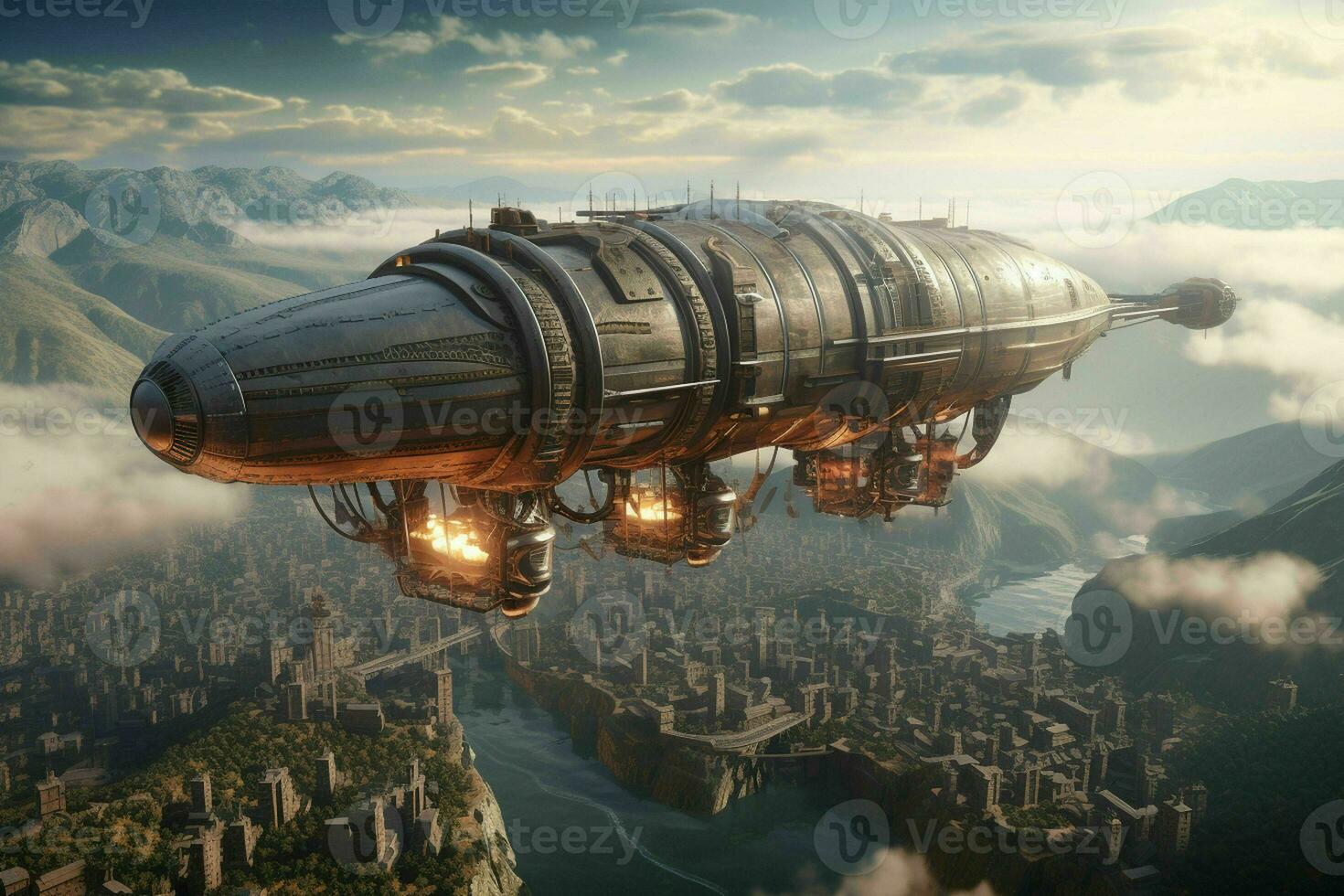 AI generated A majestic airship floats above a city its form photo