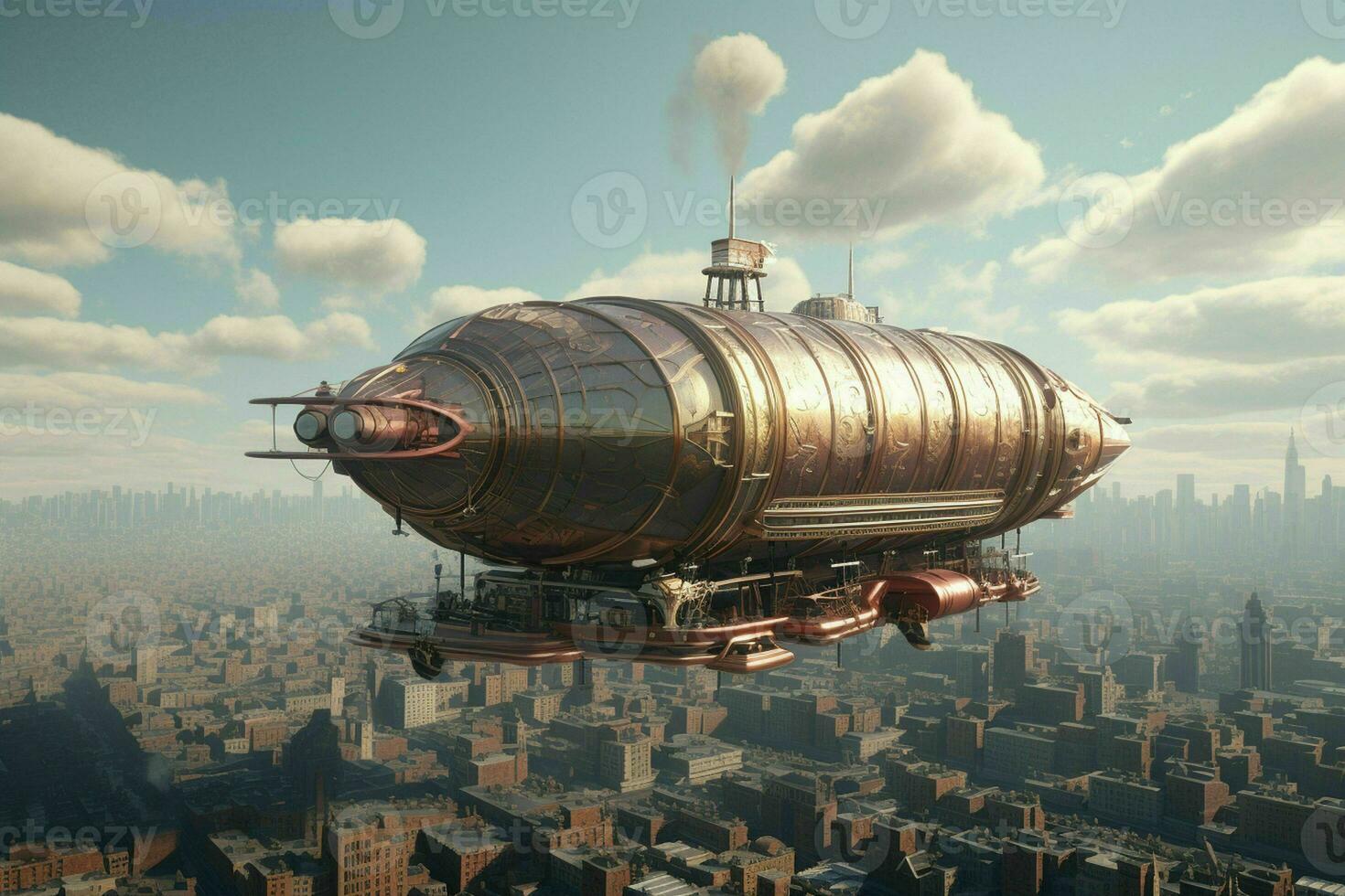 AI generated A majestic airship floats above a city its form photo