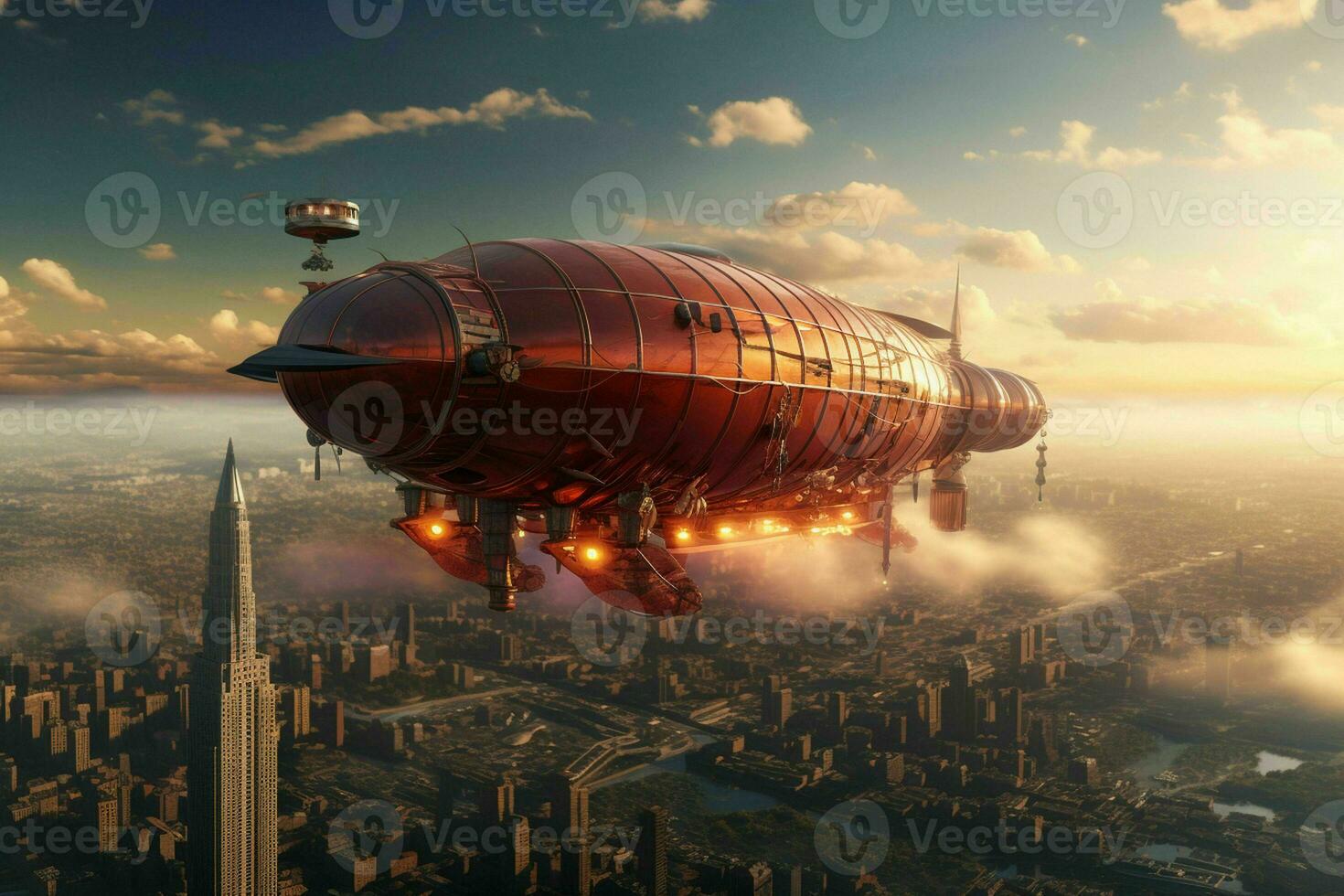 AI generated A majestic airship floats above a city its form photo