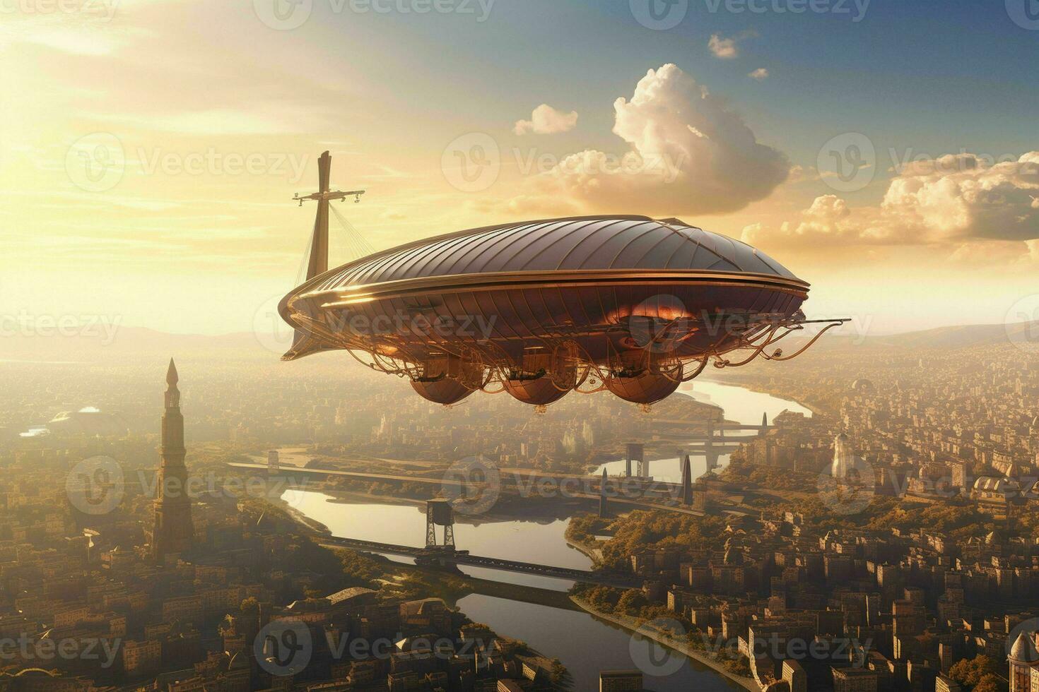 AI generated A majestic airship floats above a city its form photo