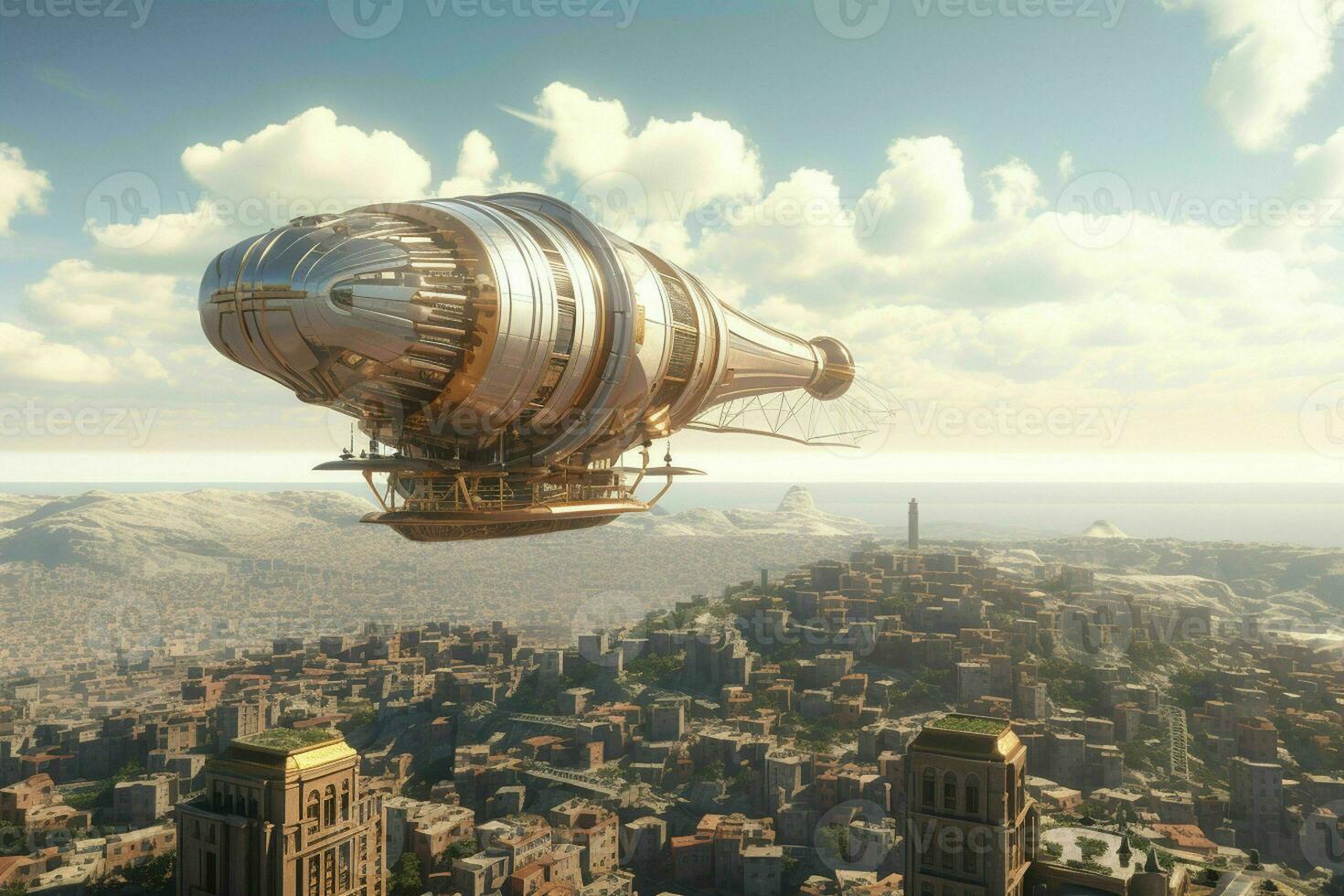 AI generated A majestic airship floats above a city its form photo