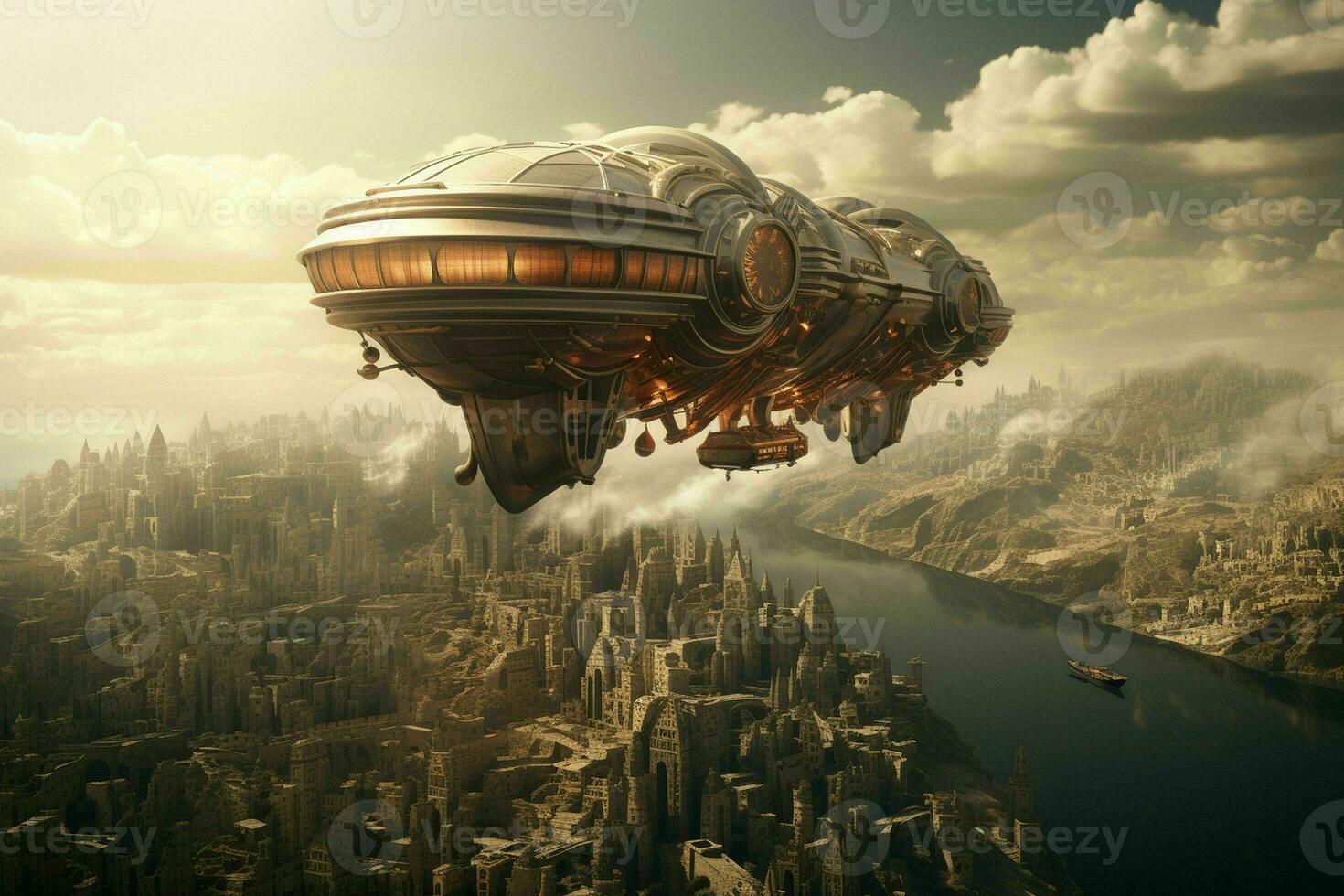 AI generated A majestic airship floats above a city its form photo