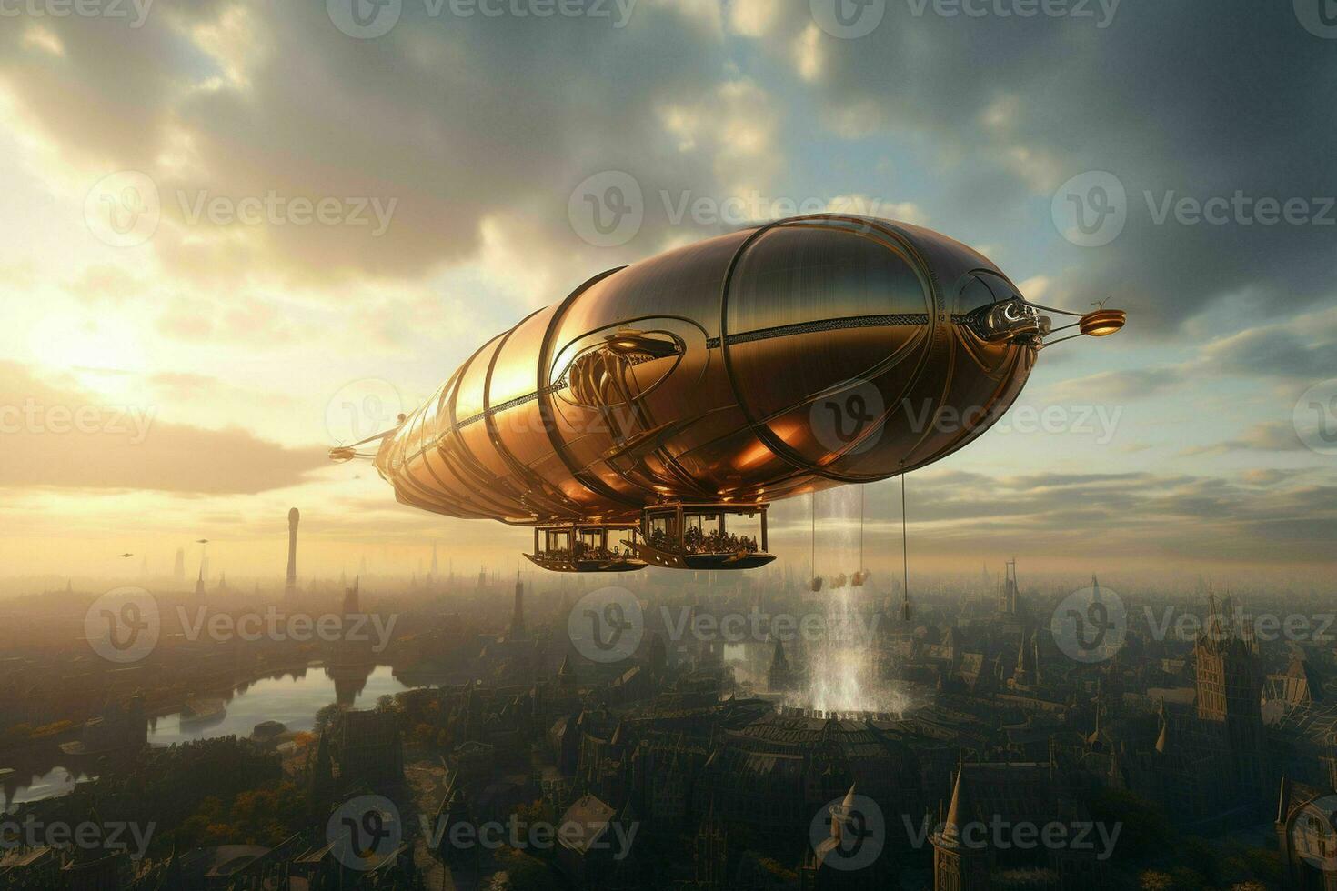 AI generated A majestic airship floats above a city its form photo