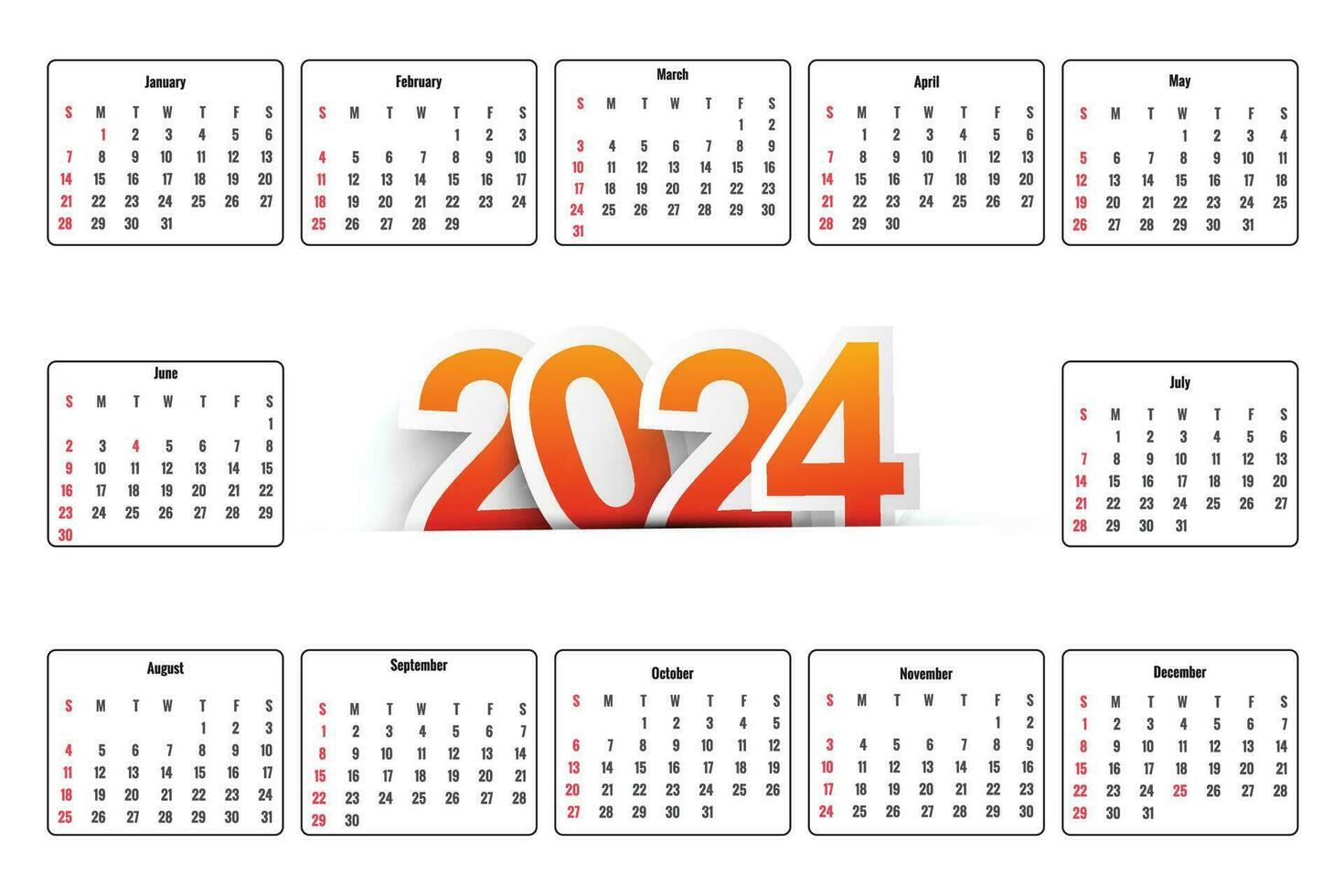 Beautiful colorful 2024 english calendar template design vector