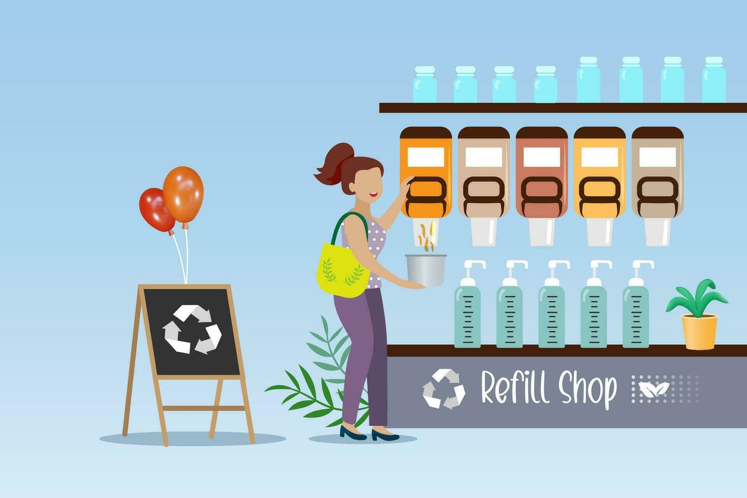 Refill shop, sustainable zero waste grocery store. Woman self refill cereals and grains from bulk dispenser in reusable container, Vector. vector
