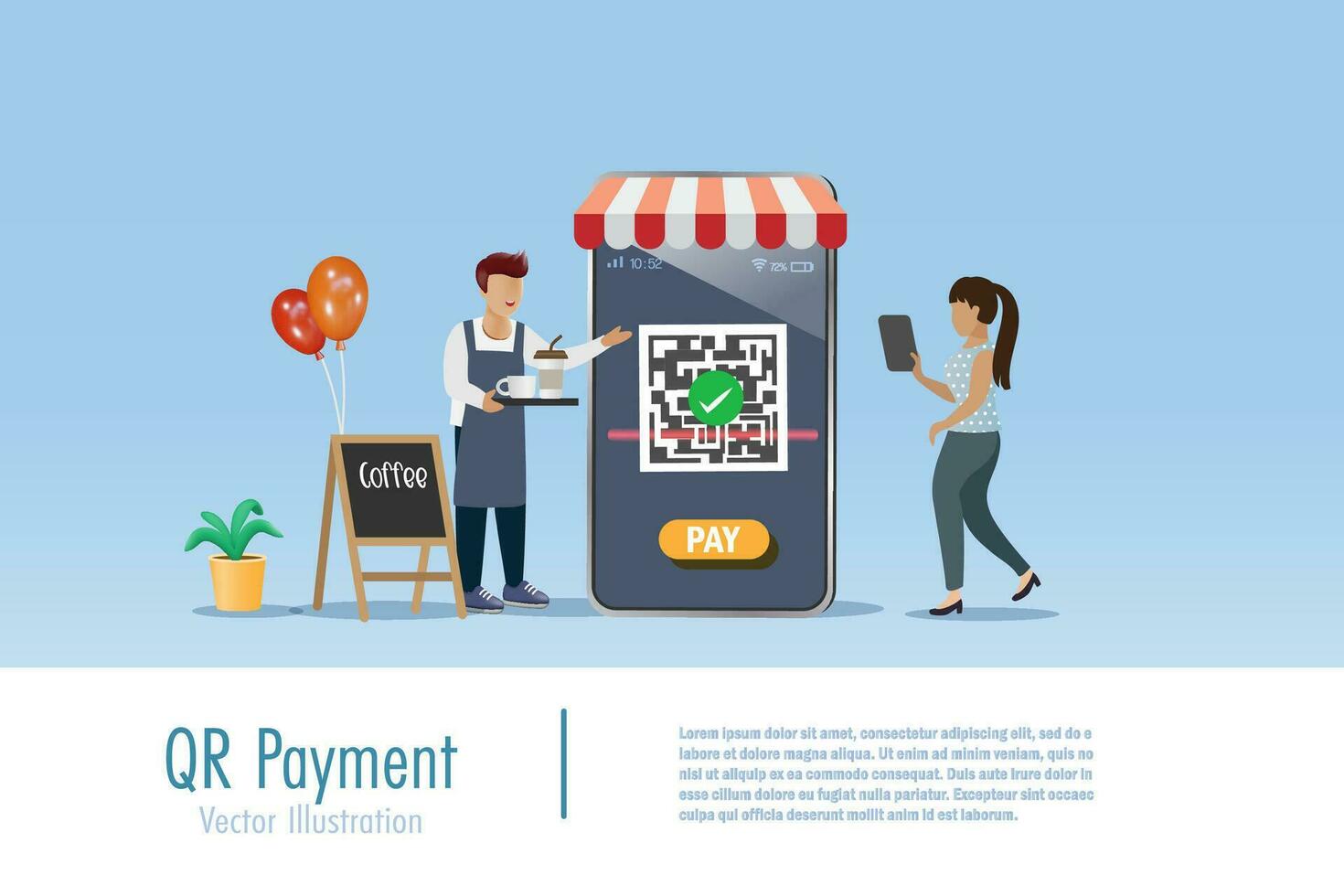 qr código exploración para dinero pago. mujer escanear qr código en móvil pantalla a comprar y pagar para café bebidas inteligente financiero tecnología para pequeño negocio. vector. vector