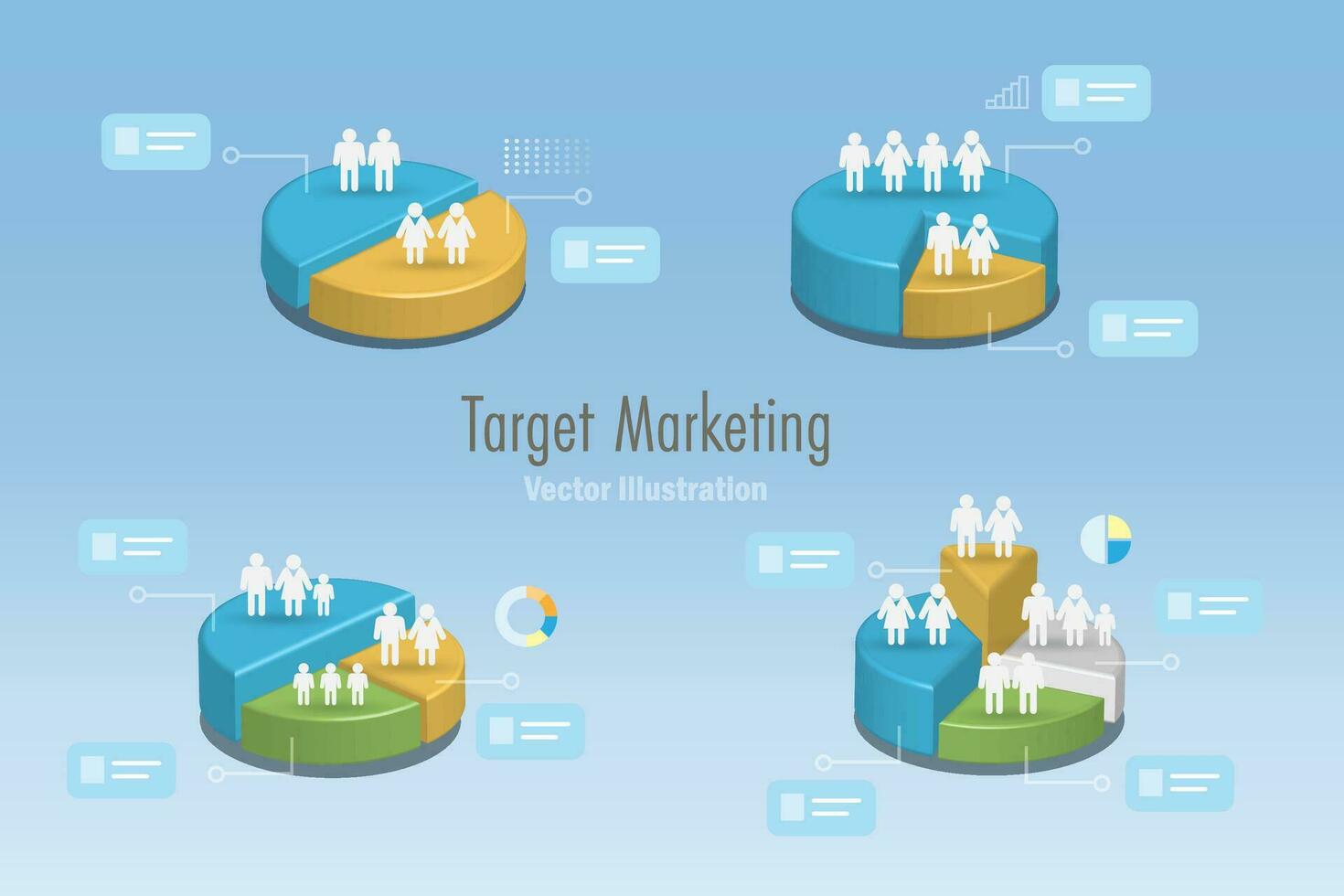 3D pie graph infographic of consumer target marketing, customer segmentation, family population and branding concept. Business analysis research with data ratio percentage and market share. Vector. vector