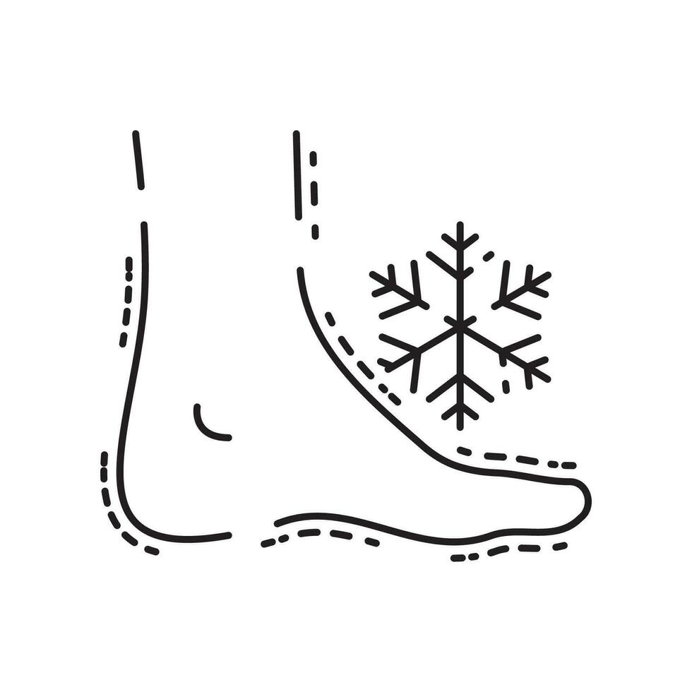 Frozen winter cold icon, frostbite limb, leg with snowflake, thin line symbol - editable stroke vector illustration. Frostbite injury.