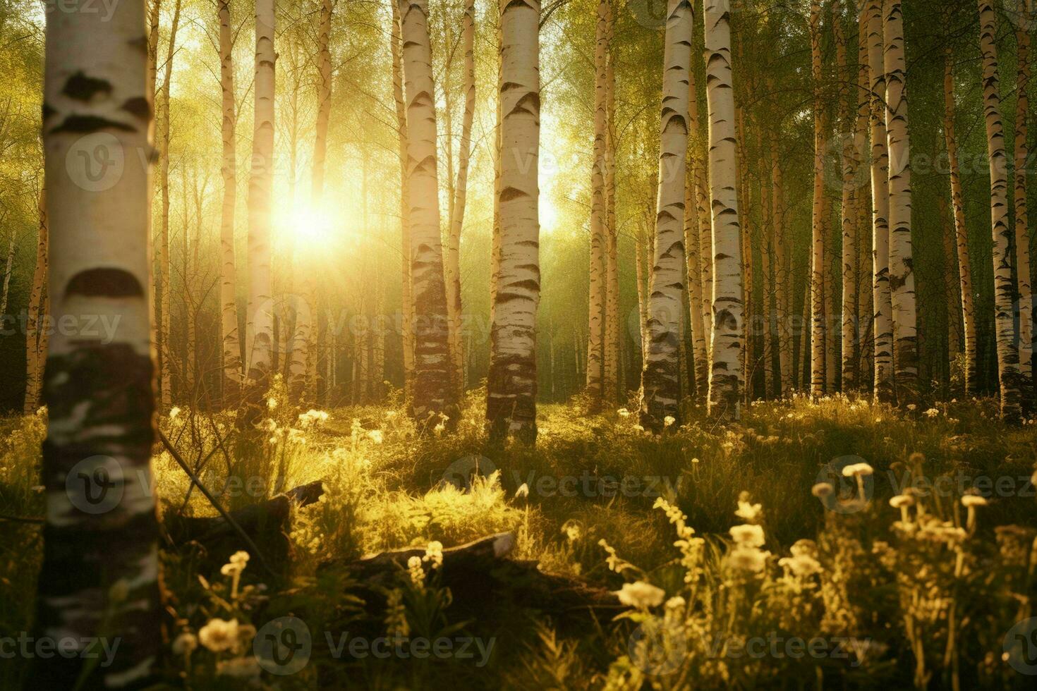 AI generated A golden hour scene in a birch tree forest photo