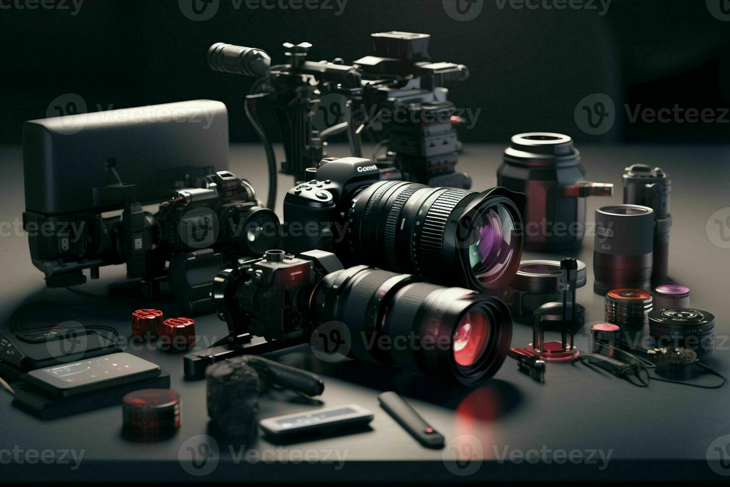 AI generated A professional camera with a variety of lenses photo