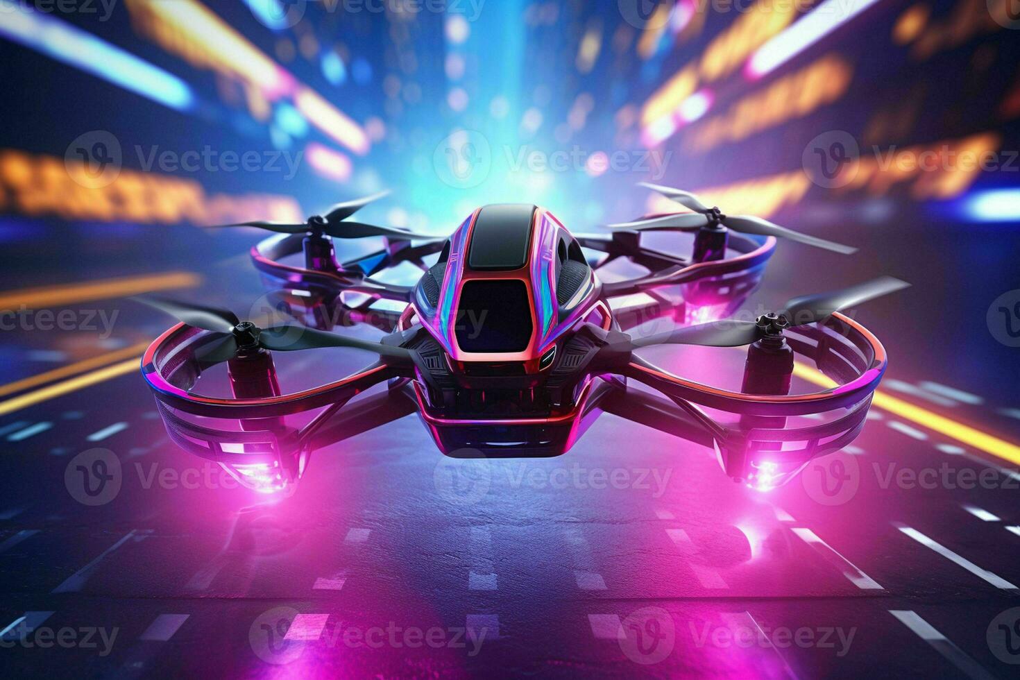 AI generated A racing drone navigates through neonlit photo