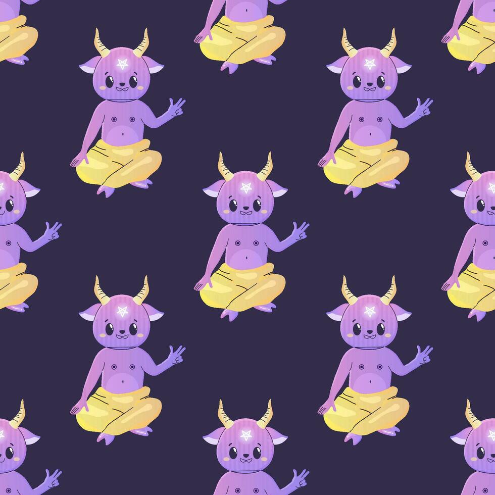 Seamless patterns magical satan cute cartoon crystals, mushrooms, occult and mysticism, vector