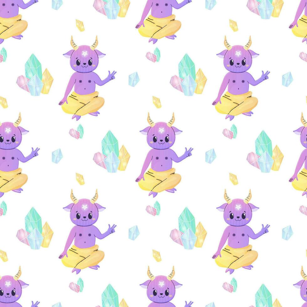 Seamless patterns magical satan cute cartoon crystals, mushrooms, occult and mysticism, vector
