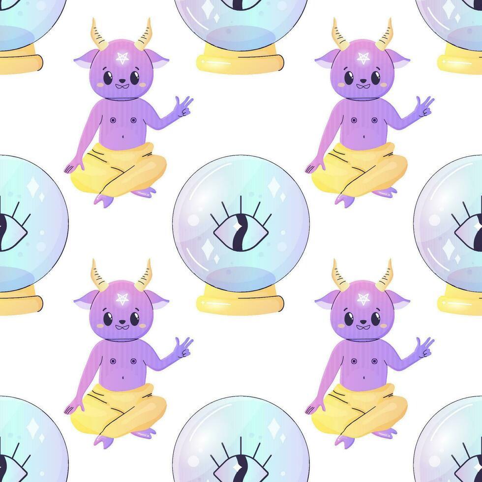 Seamless patterns magical satan cute cartoon crystals, mushrooms, occult and mysticism, vector