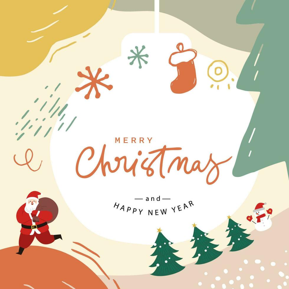 Merry December Christmas with Santa Claus and Christmas tree hand drawn background vector illustration.