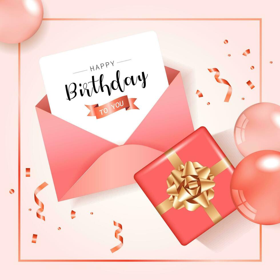 Happy Birthday congratulations banner design with Confetti, Balloons for Party Holiday Background. Birthday wishes envelope and gift. vector