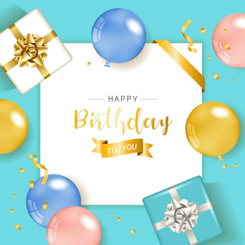 Happy Birthday congratulations banner design with Confetti, Balloons for Party Holiday Blue Background. Gift and Note Paper. vector