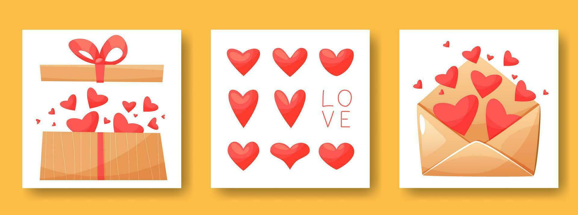 Square templates for Valentine's Day. Post on social networks. Greeting card, valentine. Text with love, pink hearts, love letter in an envelope, gift box with hearts. Vector illustration