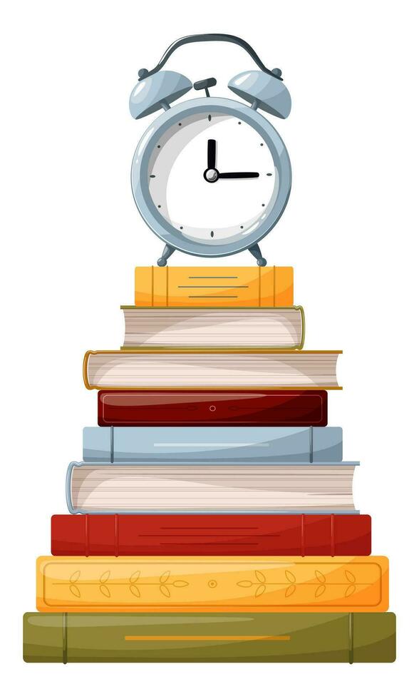 Blue alarm clock on a stack of colorful books. Education, school, business concept. For students, bookstores, literature lovers. Cartoon flat vector illustration isolated on white background