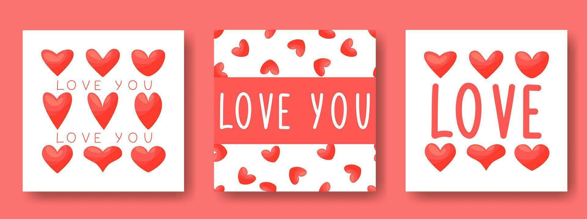 Square templates for Valentine's Day. Post on social networks. Greeting card, valentine. Text Love you, pink hearts. Vector illustration for greeting cards, mobile apps, banner design