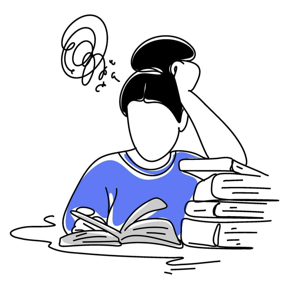 Woman reading book and thinking something A stress concept artwork features a person with the word Oh No enclosed in a thought bubble vector