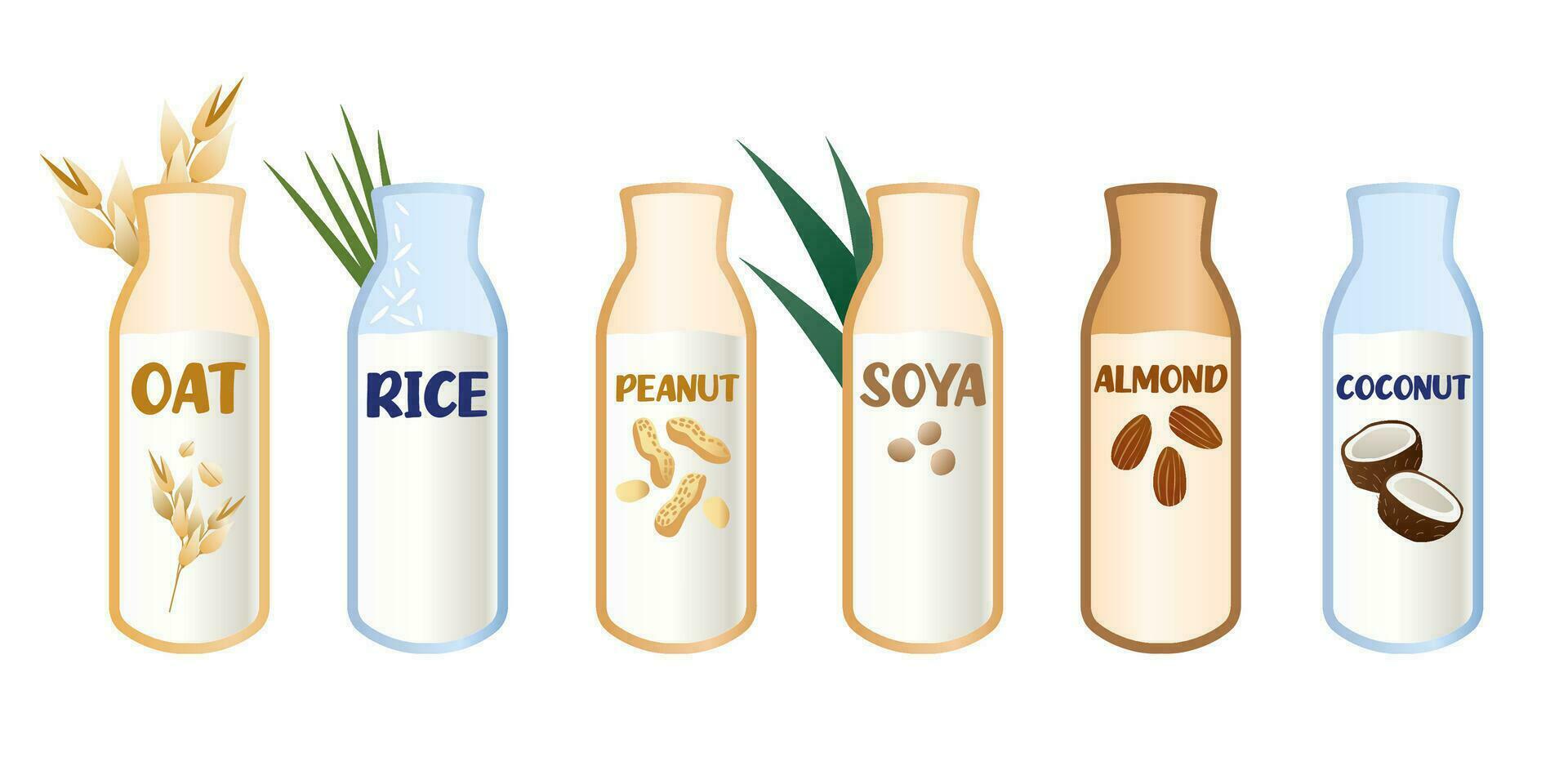 un conjunto de vegetal leche. avena, arroz, maní, soja, almendra y Coco leche. objetos en un blanco antecedentes. vector. vegano productos vector