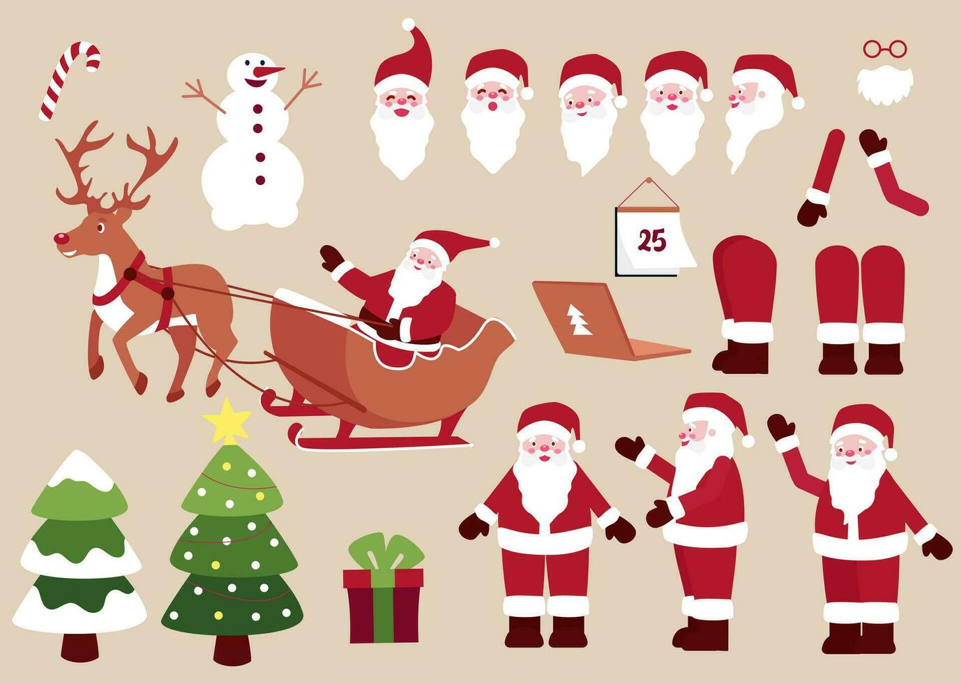 Santa Claus is a flat cartoon character for animation design with various facial expressions, hand gestures, body and leg movement illustrations. Vector. vector