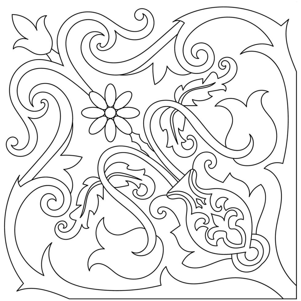 Rolled floral lines on a white background for the corners of a Persian rug. vector