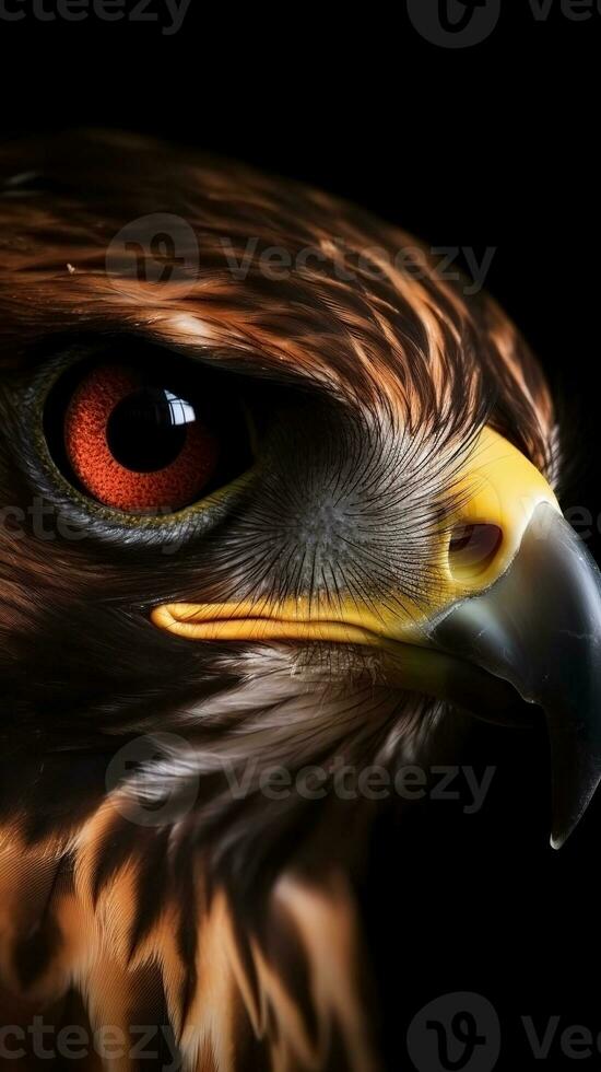 AI generated Closeup hawk eye, portrait of animal on dark background. Ai generated photo