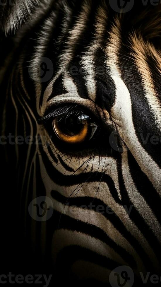 AI generated Closeup zebra eye, portrait of animal on dark background. Ai generated photo