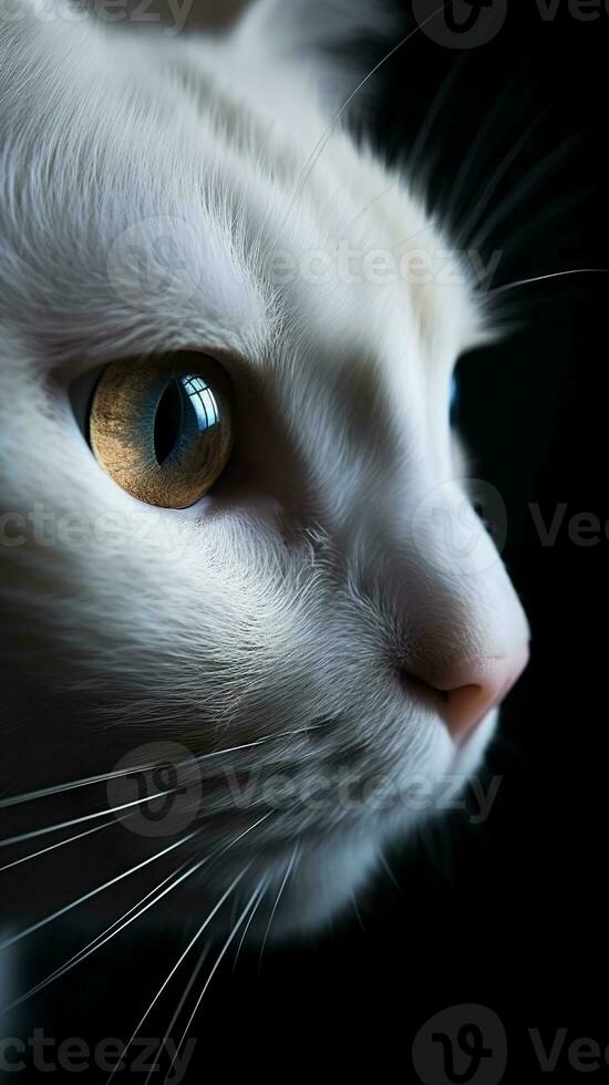 AI generated Closeup white cat eye, portrait of animal on dark background. Ai generated photo