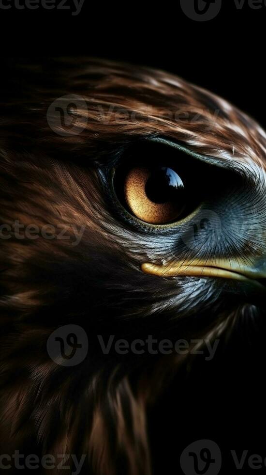 AI generated Closeup hawk eye, portrait of animal on dark background. Ai generated photo