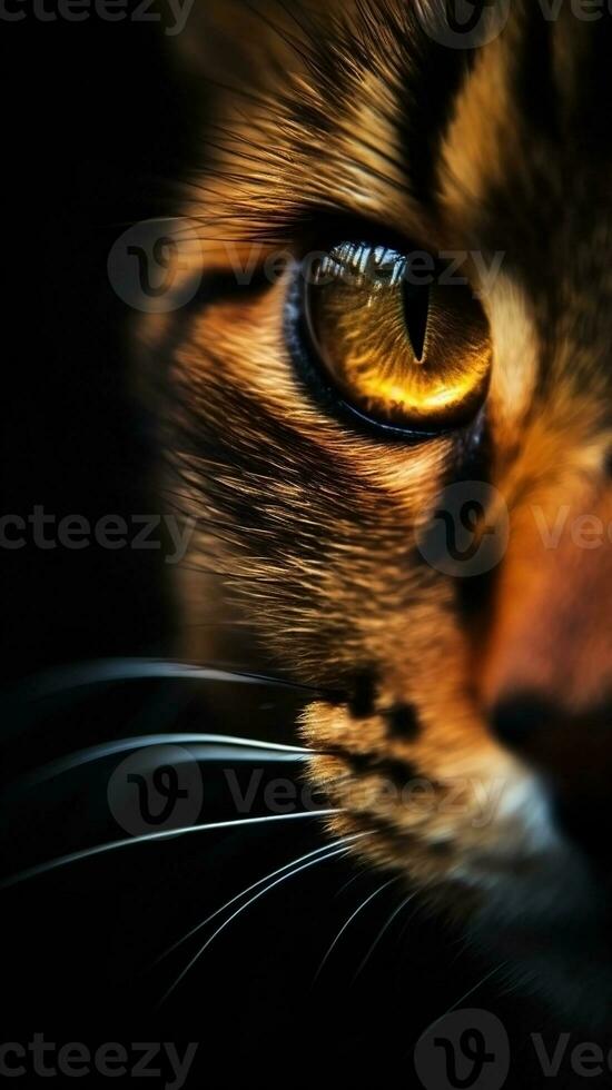 AI generated Closeup cat eye, portrait of animal on dark background. Ai generated photo