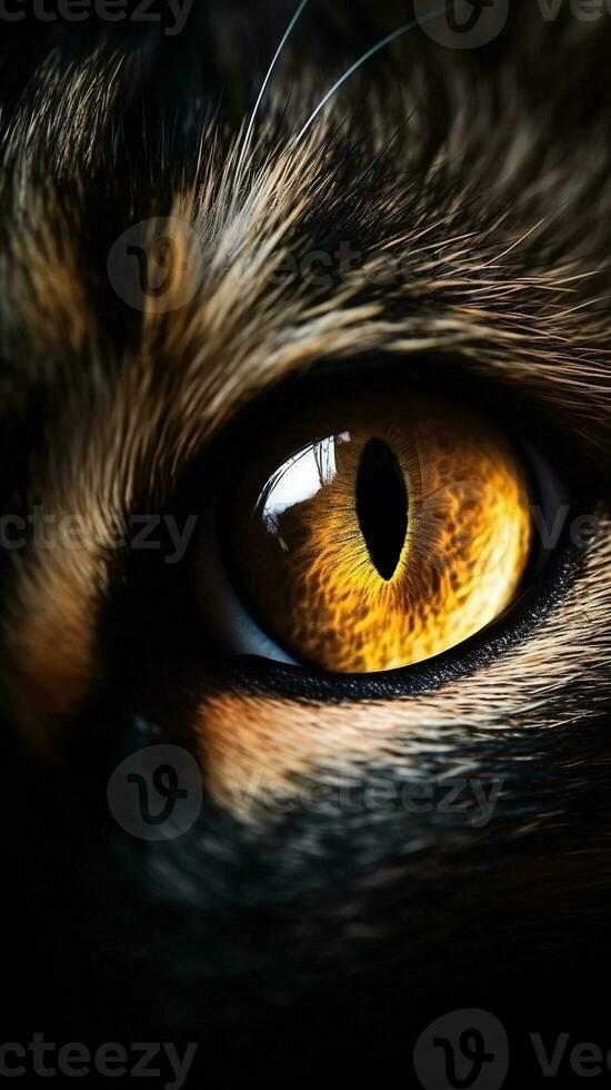 AI generated Closeup cat eye, portrait of animal on dark background. Ai generated photo