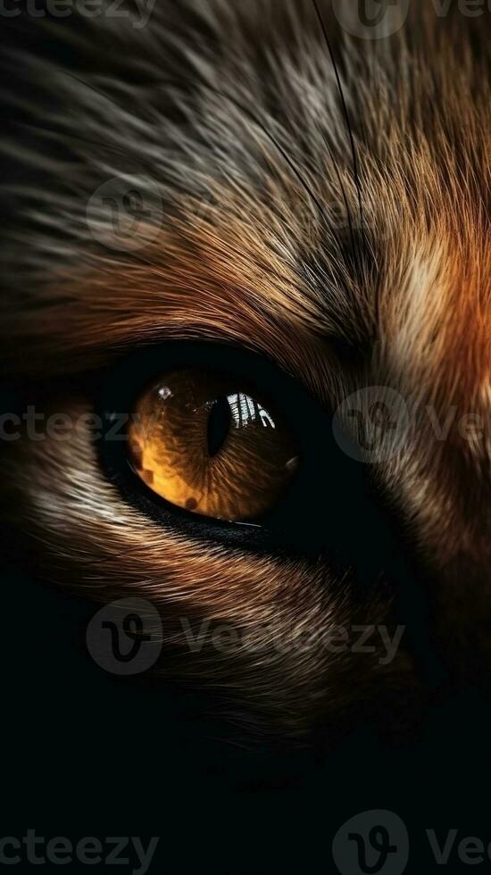 AI generated Closeup fox eye, portrait of animal on dark background. Ai generated photo