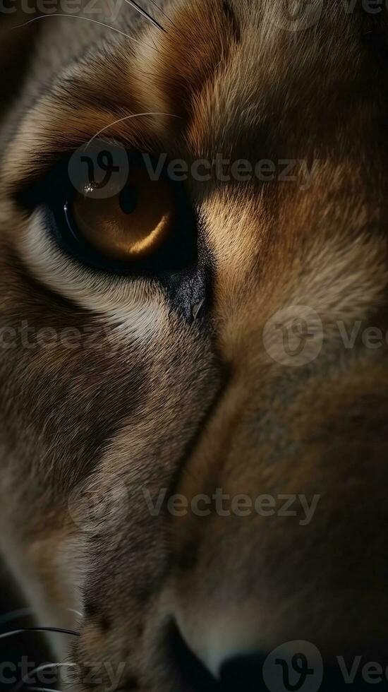 AI generated Closeup lion eye, portrait of animal on dark background. Ai generated photo