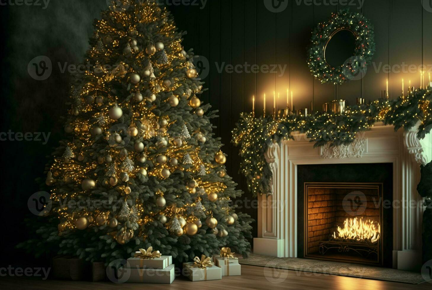 AI generated Christmas tree in a room with fireplace, gifts, candles, garlands. Decorated New Year interior. Festive atmosphere. photo