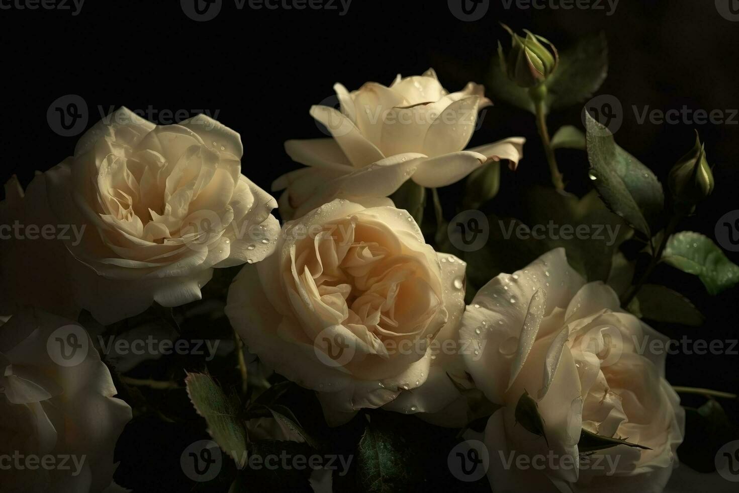 AI generated Cream color roses close-up dark romantic background. Flowers wallpaper. Ai generated photo