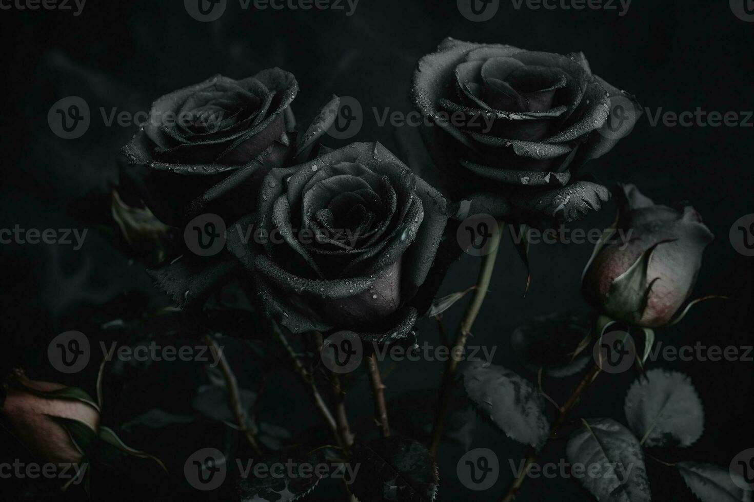 AI generated Black roses dark moody romantic background. Close-up floral banner. Ai generated photo