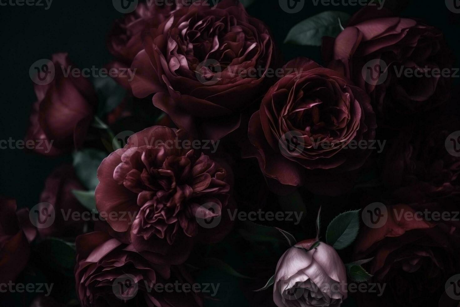 AI generated Burgundy color roses dark moody romantic background. Close-up flowers card backdrop. Ai generated photo