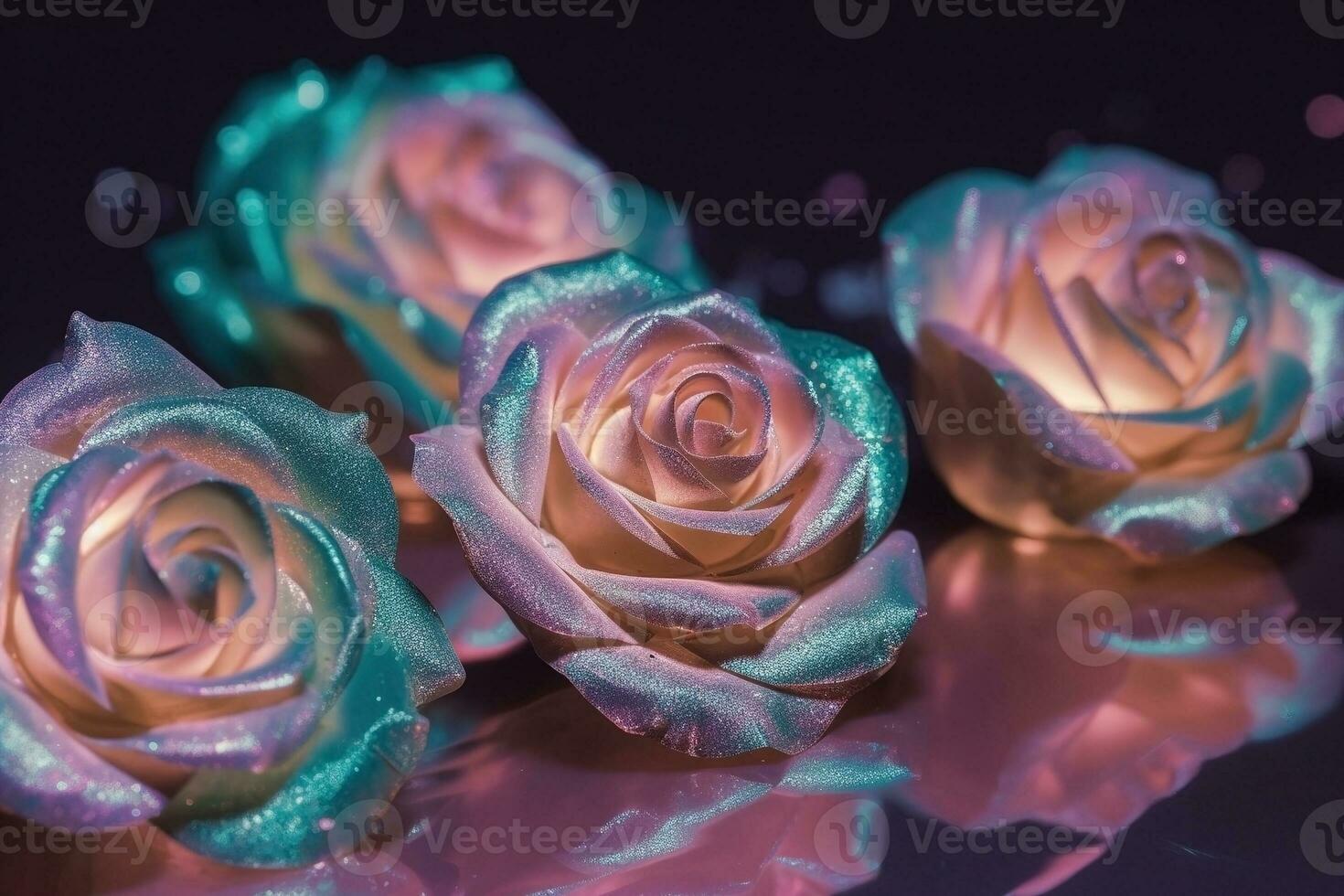 AI generated Pearl hologhaphic roses dark moody romantic background. Close-up floral banner. Ai generated photo