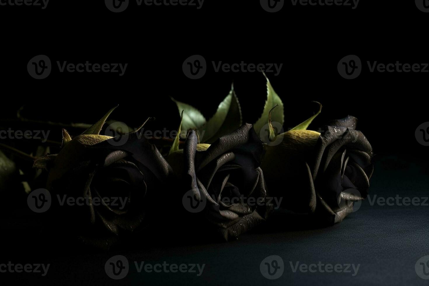 AI generated Black roses dark moody romantic background. Close-up flowers card backdrop. Ai generated photo